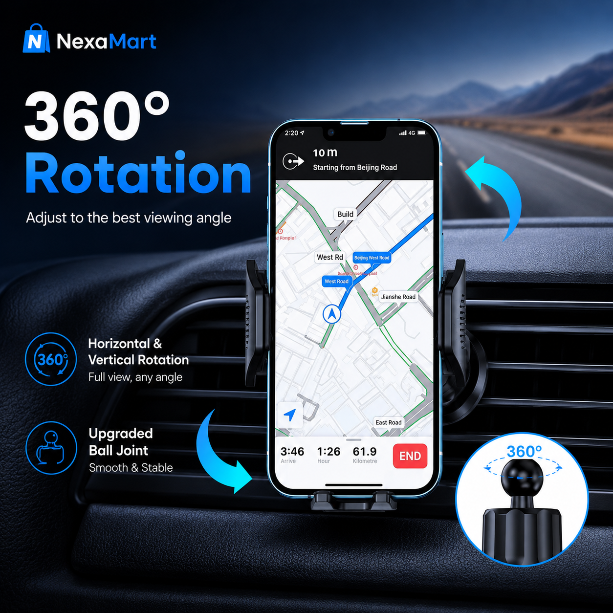 حامل جوال للسيارة بتركيب على فتحة المكيف ودوران 360°